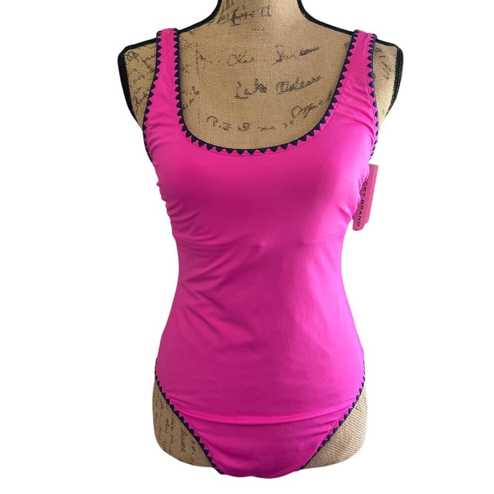 Lucky Brand One Piece Bathing Suit Size L Hot Pink Full Coverage Scoop Neck